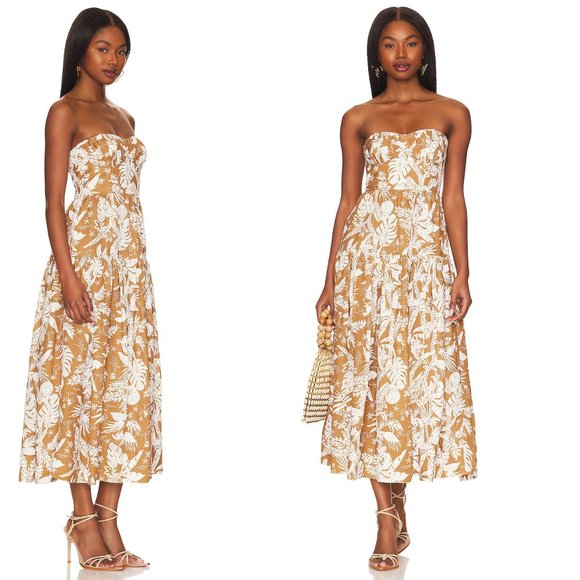 Shona Joy | Dresses | Shona Joy New Kiana Strapless Linen Ruched Midi Dress  In Walnut Coconut Size 2 | Poshmark